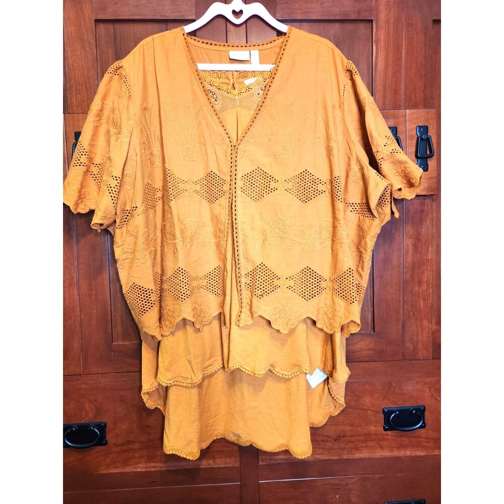 LOGO Lavish Golden Top & Jacket 2-Piece Set w/ Lace Cutouts Women's Size 2X NWT!